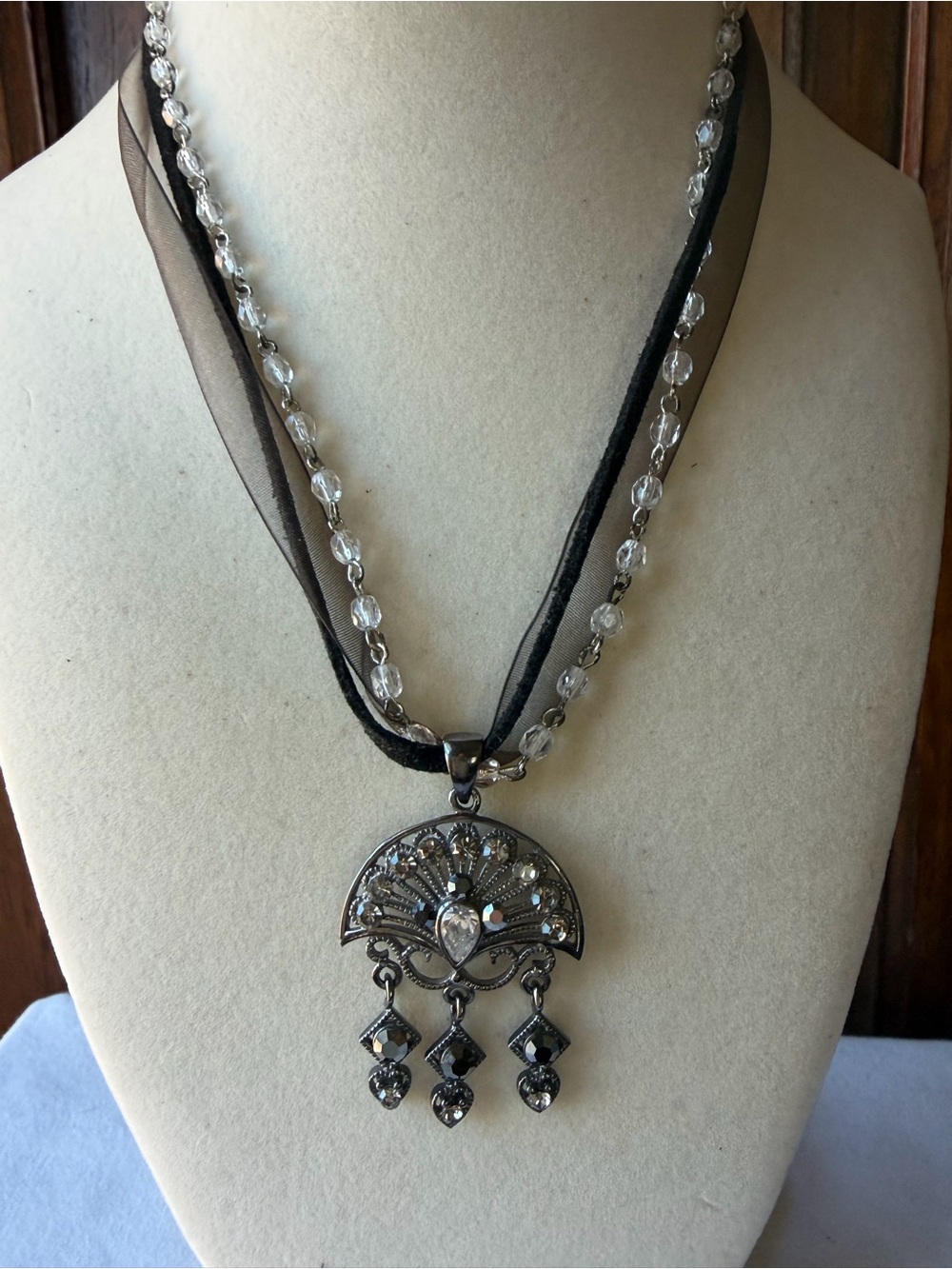 Vintage Inspired Gunmetal Crystal Fan Pendent Black Ribbon Statement Necklace